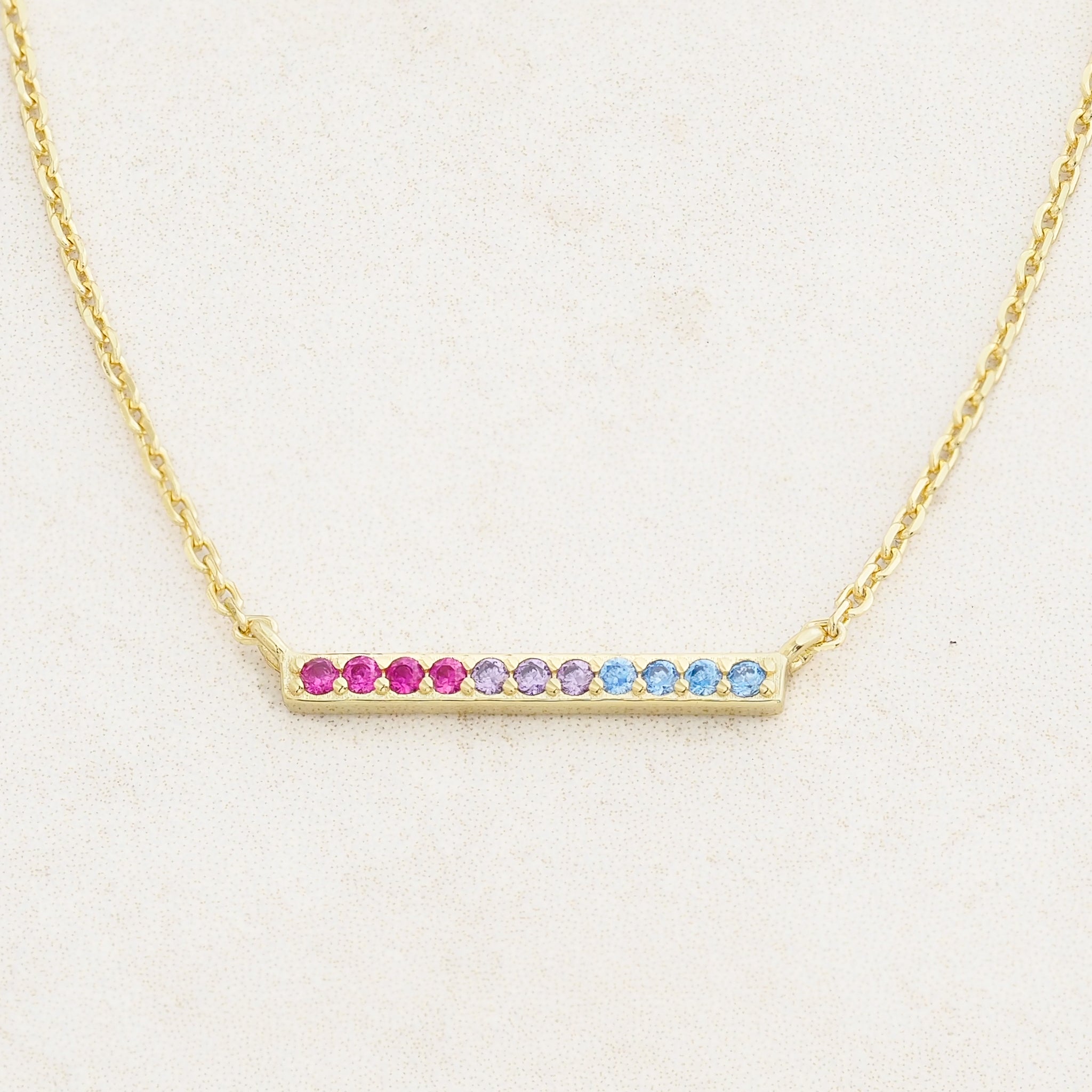 Bisexual line necklace featuring colours of the bisexual flag, straight on