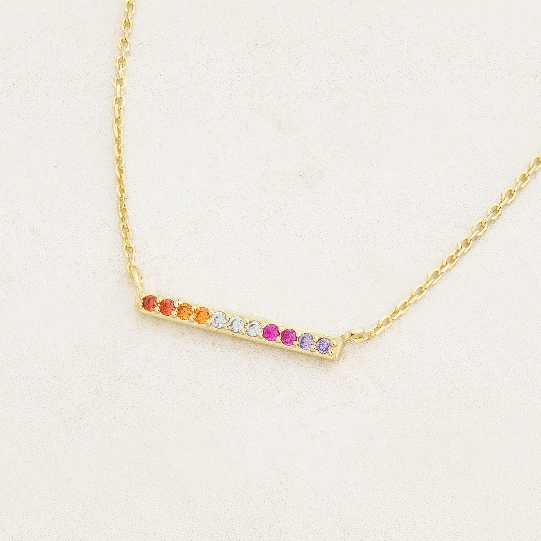 Lesbian line necklace featuring colours of the lesbian flag, right angle