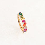 rainbow pride ring with collision design featuring stones with rainbow pride flag colours, front