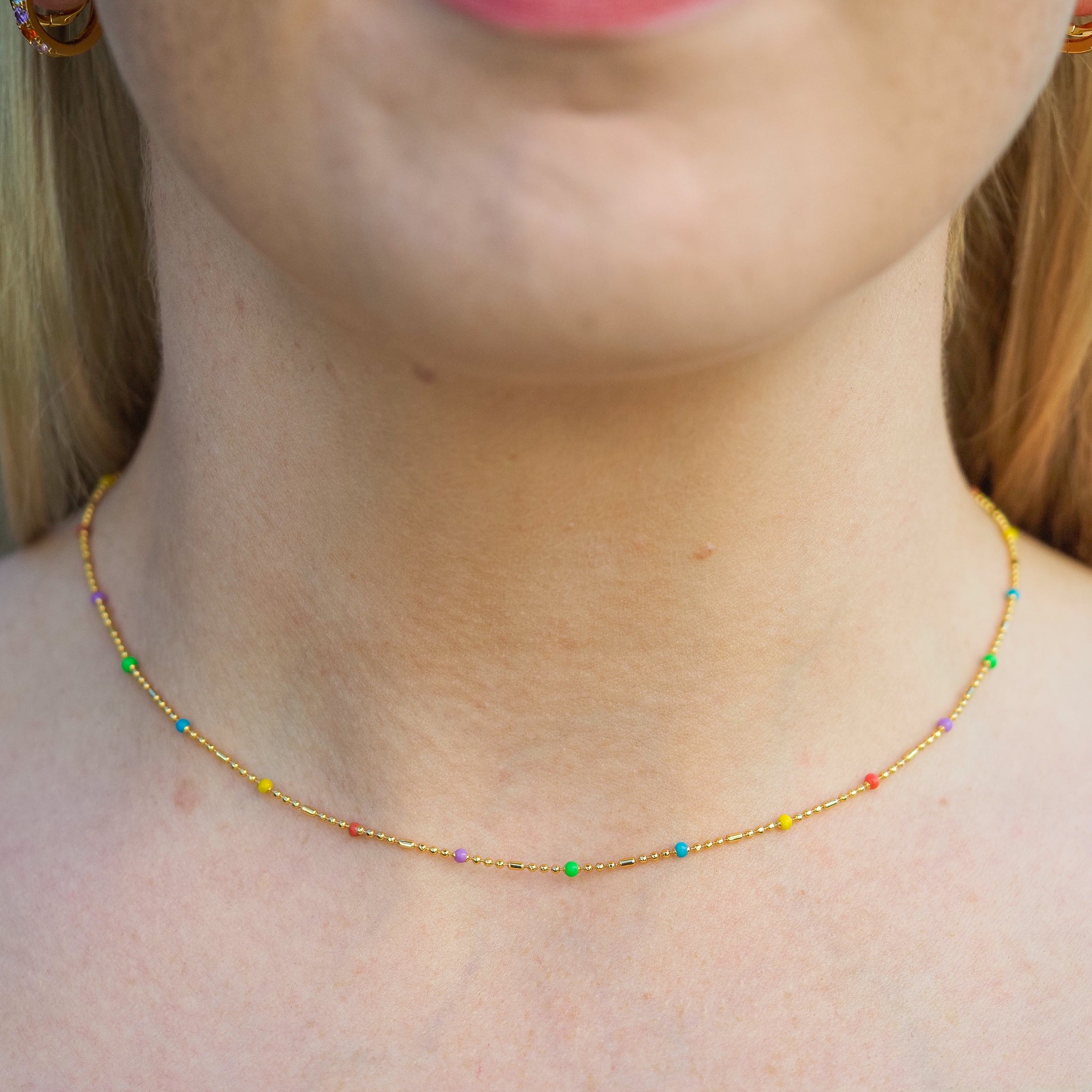 rainbow gold bead necklace pride jewelry, model