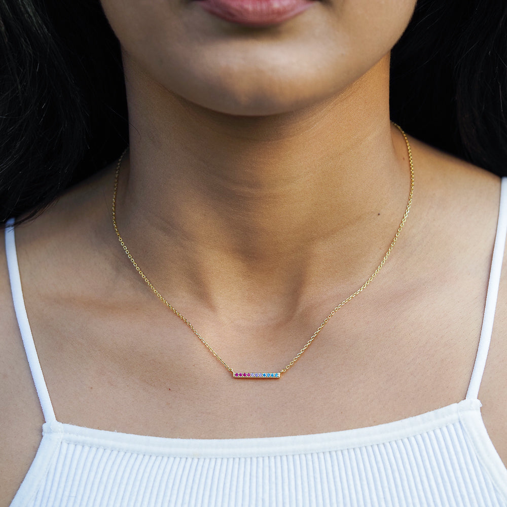 bisexual line necklace, bi necklace, bisexual flag design, pride jewelry, model shot