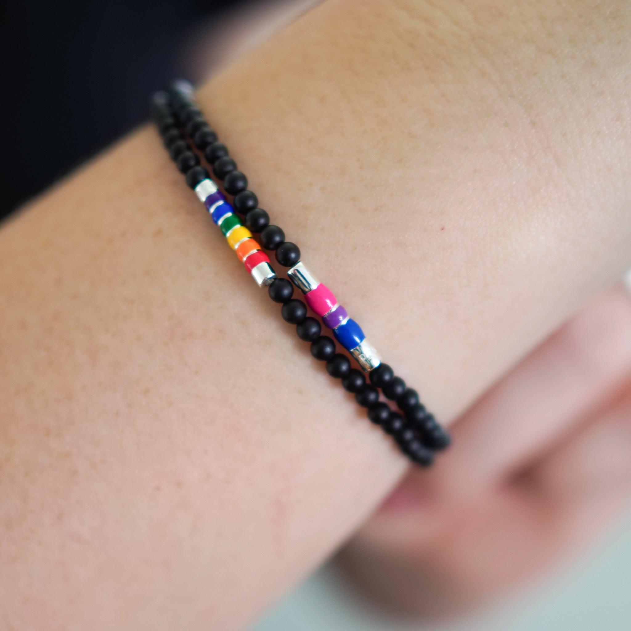 bisexual bracelet bisexual bead bracelet bisexual flag jewellery, model with pride flag bracelet