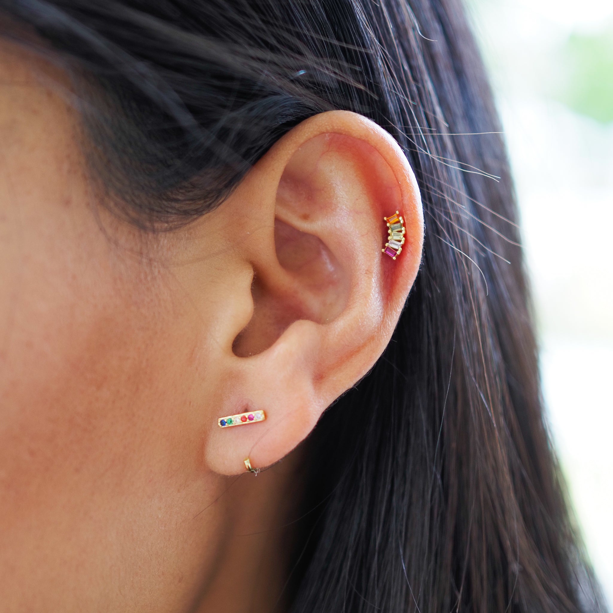 Rainbow curve stud earrings pride jewelry, model