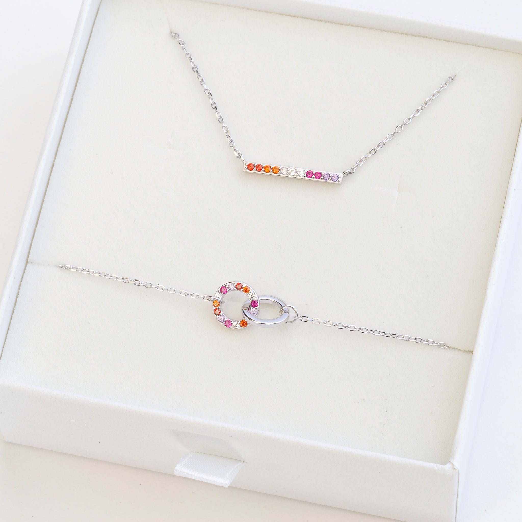 lesbian Jewellery set with lesbian bracelet and lesbian necklace featuring colours of lesbian flag - silver