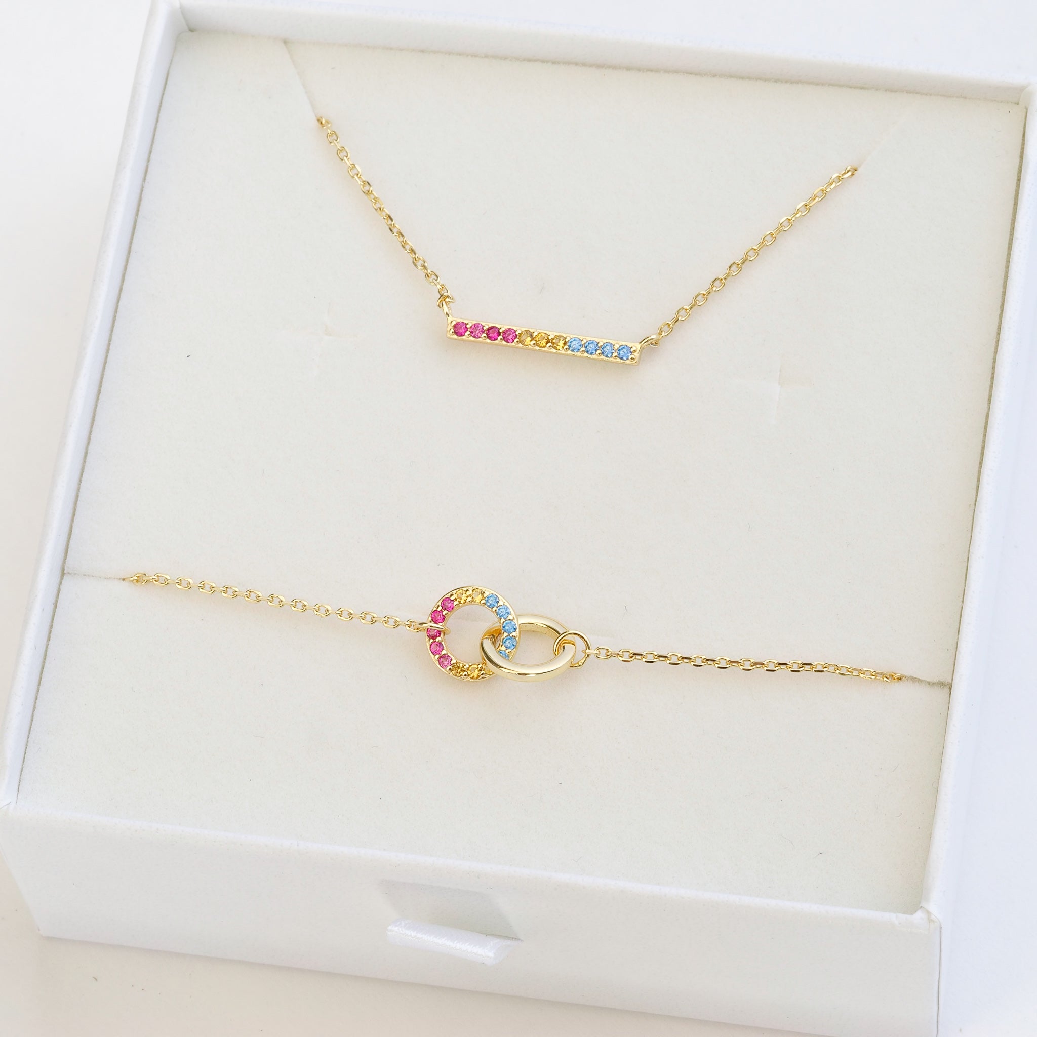 pansexual flag jewellery set with pansexual necklace and pansexual bracelet - gold