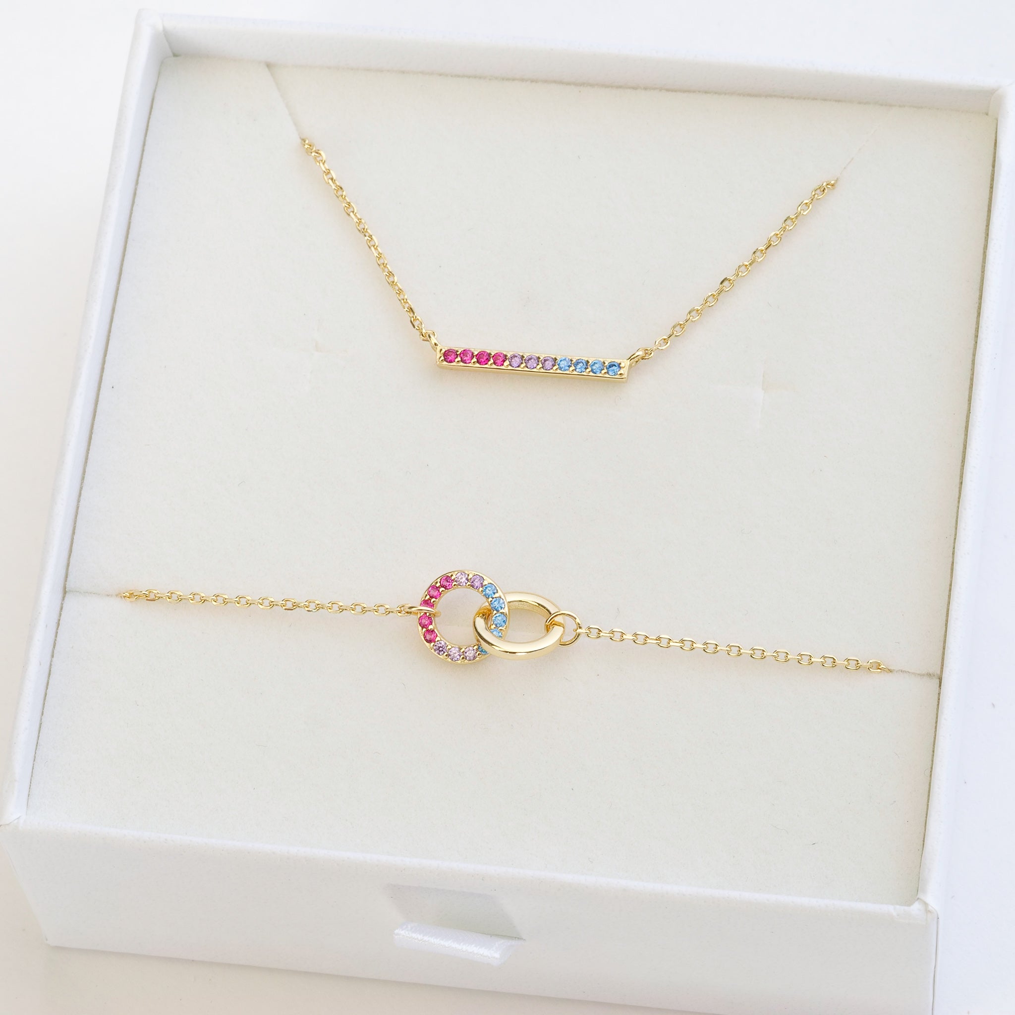 Bisexual Jewellery set with bisexual bracelet and bisexual necklace featuring colours of bisexual flag - gold