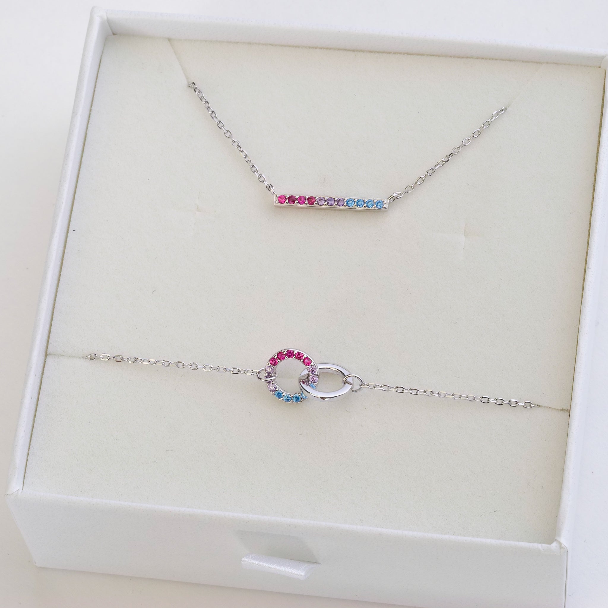 Bisexual Jewellery set with bisexual bracelet and bisexual necklace featuring colours of bisexual flag - silver