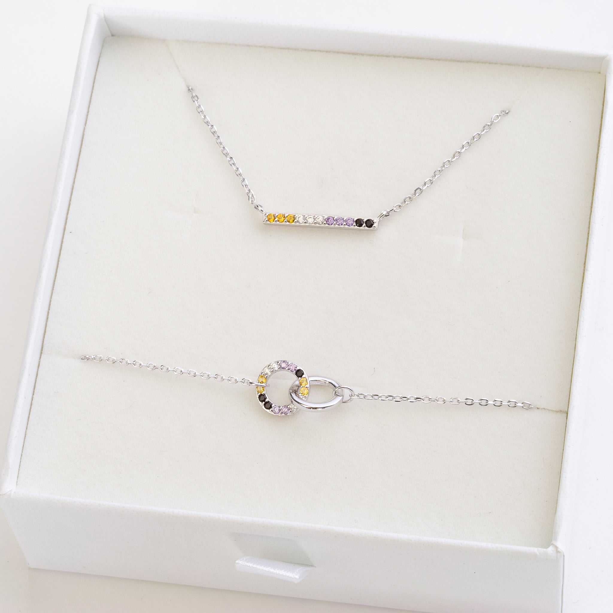 non-binary flag jewellery set with non-binary necklace and non-binary bracelet - silver