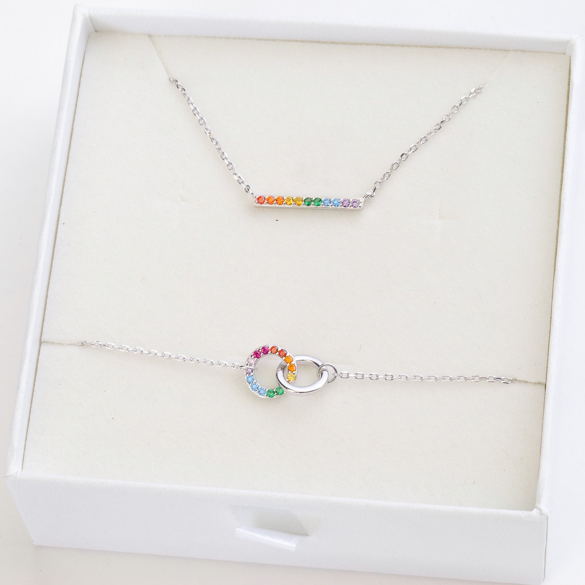 pride flag jewellery set featuring rainbow pride necklace and rainbow pride bracelet perfect as LGBTQI+ gift - silver