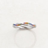 rainbow twister ring as part of pride jewellery collection, rainbow pride ring front