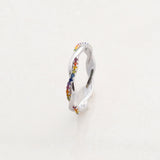 rainbow twister ring as part of pride jewellery collection, rainbow pride ring top