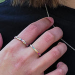 rainbow twister ring as part of pride jewellery collection, rainbow pride ring model