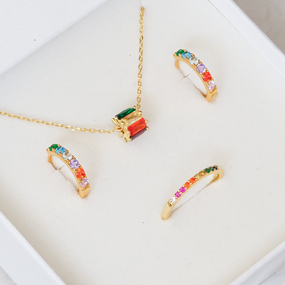 rainbow jewellery gift box pride jewellery gift, pride jewelry and LGBT jewellery gift close gold