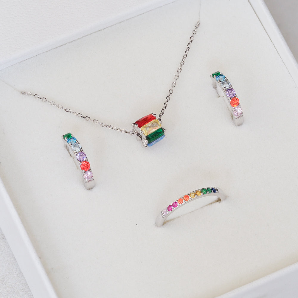 rainbow jewellery gift box pride jewellery gift, pride jewelry and LGBT jewellery gift close silver